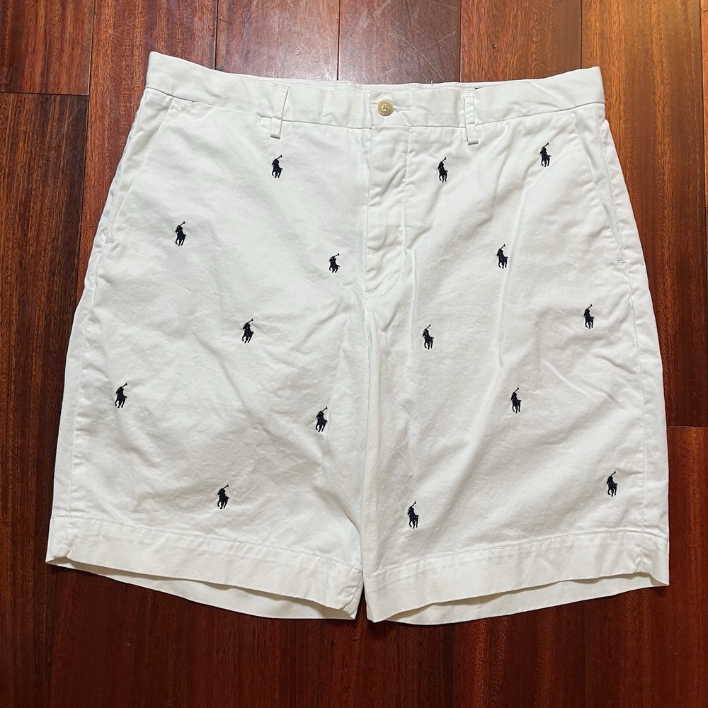 Polo Ralph Lauren Shorts Mens 35 8.5" Inseam White AOP Pony Graphic Casual *